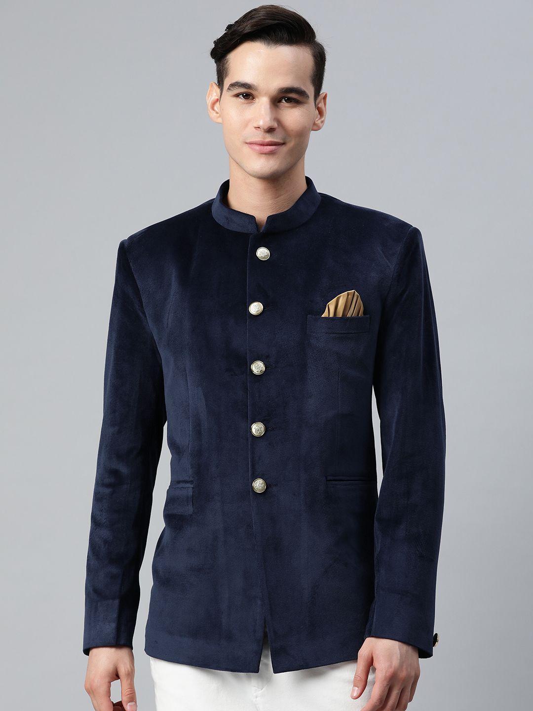 luxrio men navy blue suede tailored fit single-breasted bandhgala