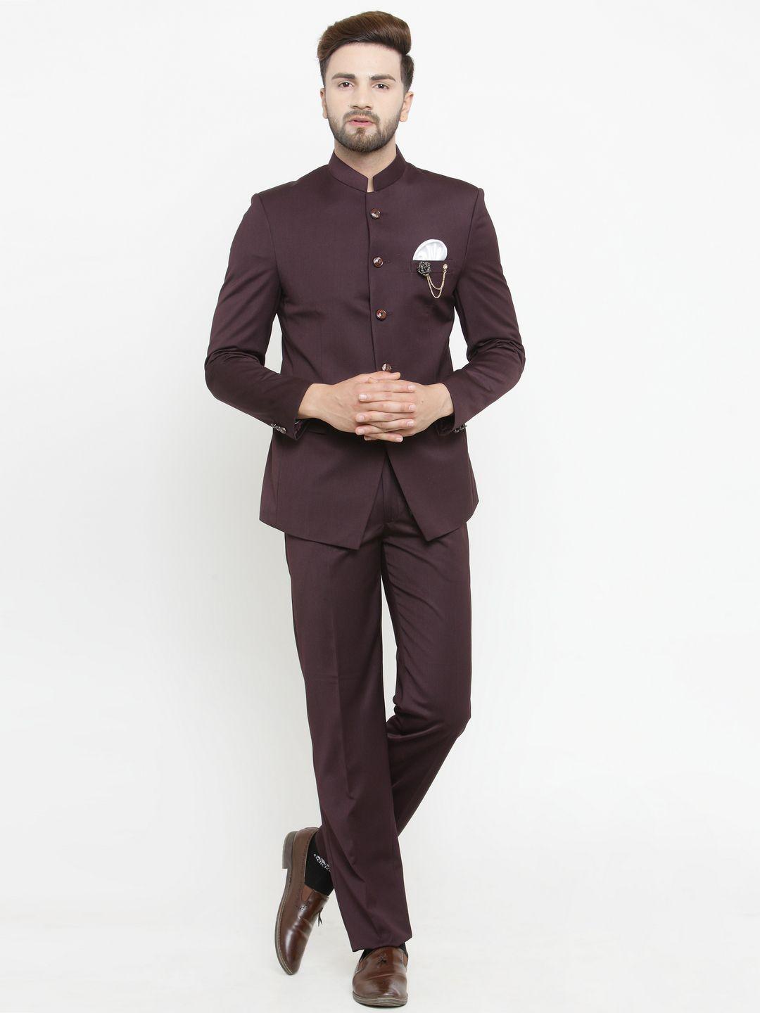luxurazi maroon solid single-breasted bandhgala suit