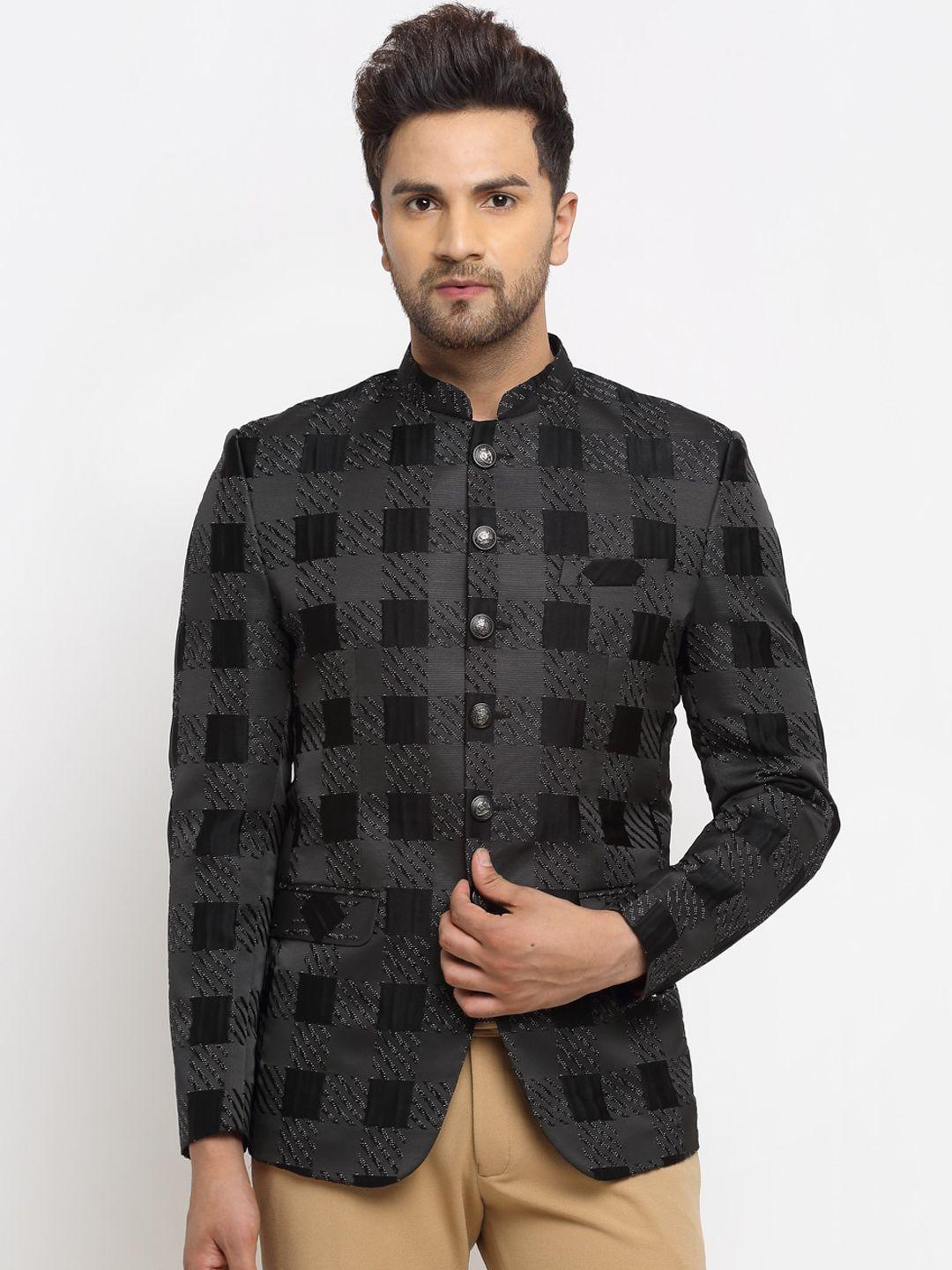 luxurazi men black checked bandhgala blazer