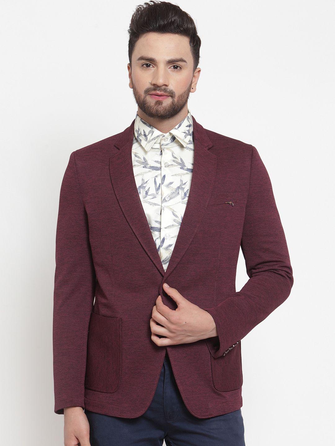 luxurazi men maroon self-design single-breasted blazer