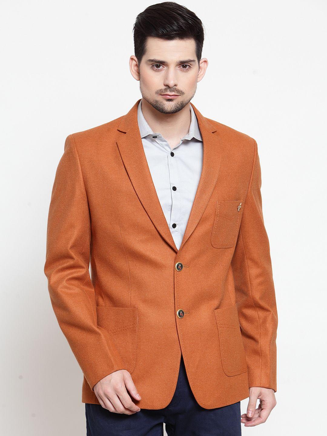 luxurazi men rust orange solid slim-fit single-breasted blazer