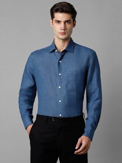 luxure by louis philippe blue linen regular fit self pattern shirt