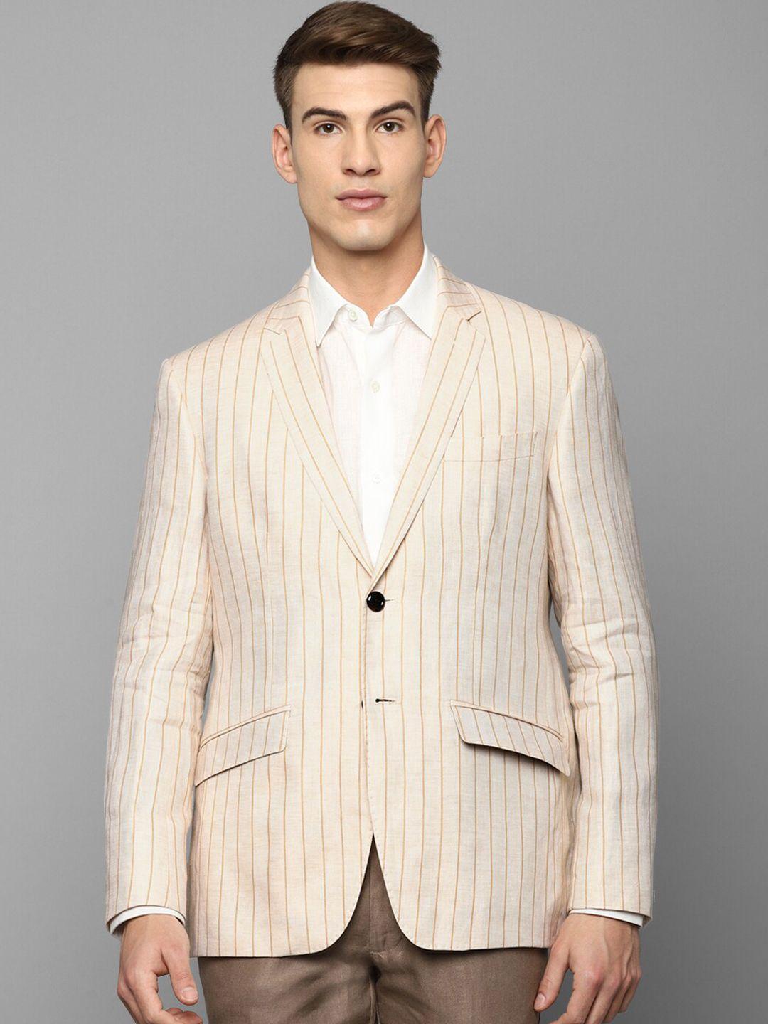 luxure by louis philippe men beige striped linen slim fit single-breasted formal blazer