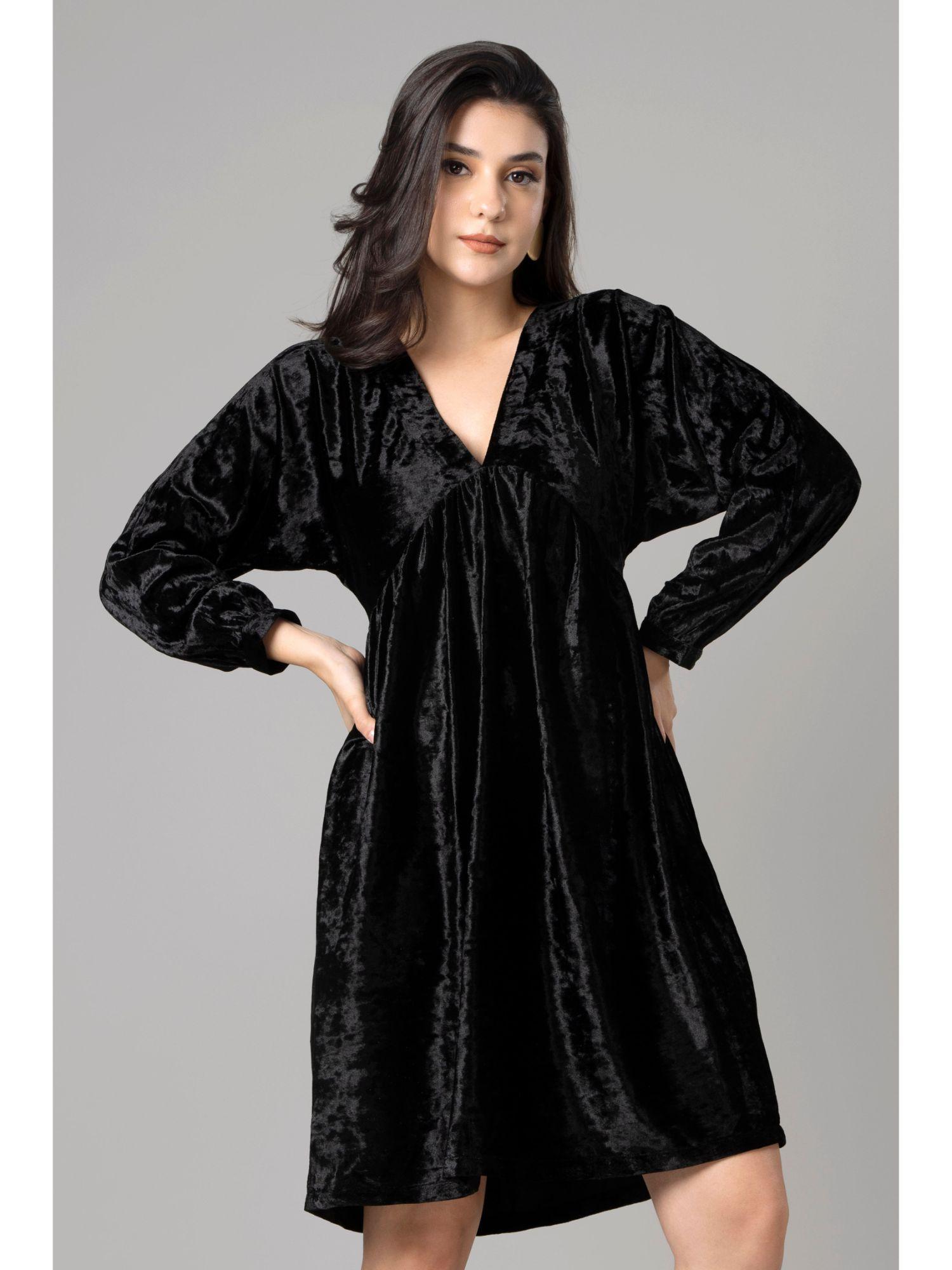 luxurious black velvet long sleeve essential dress for women