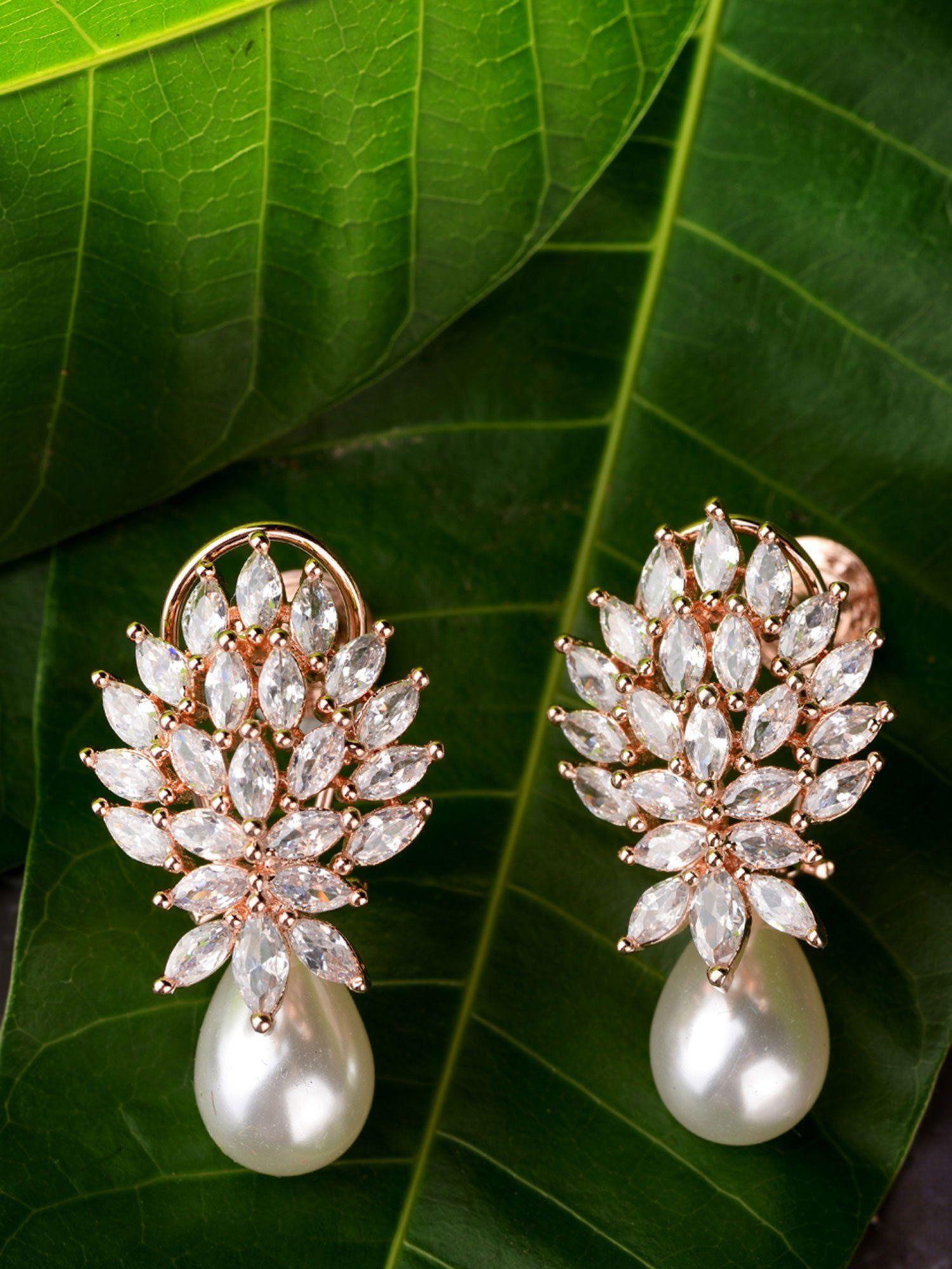 luxurious diamond leaf shape pearl earring white ad studded party wear earring