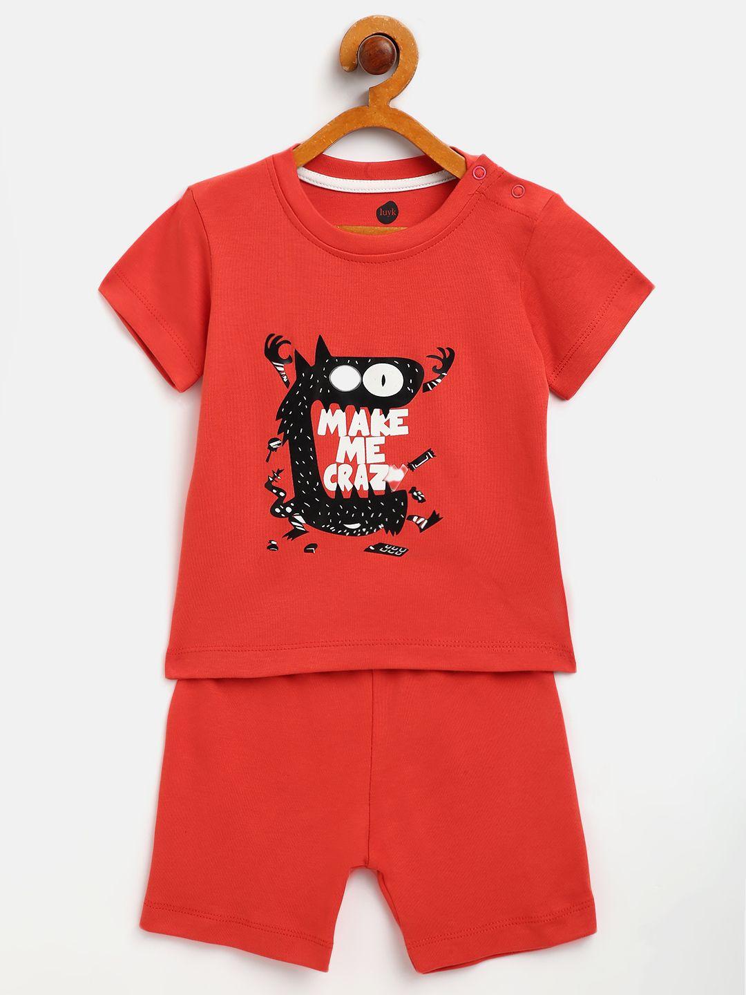 luyk unisex kids red & black pure cotton printed clothing set