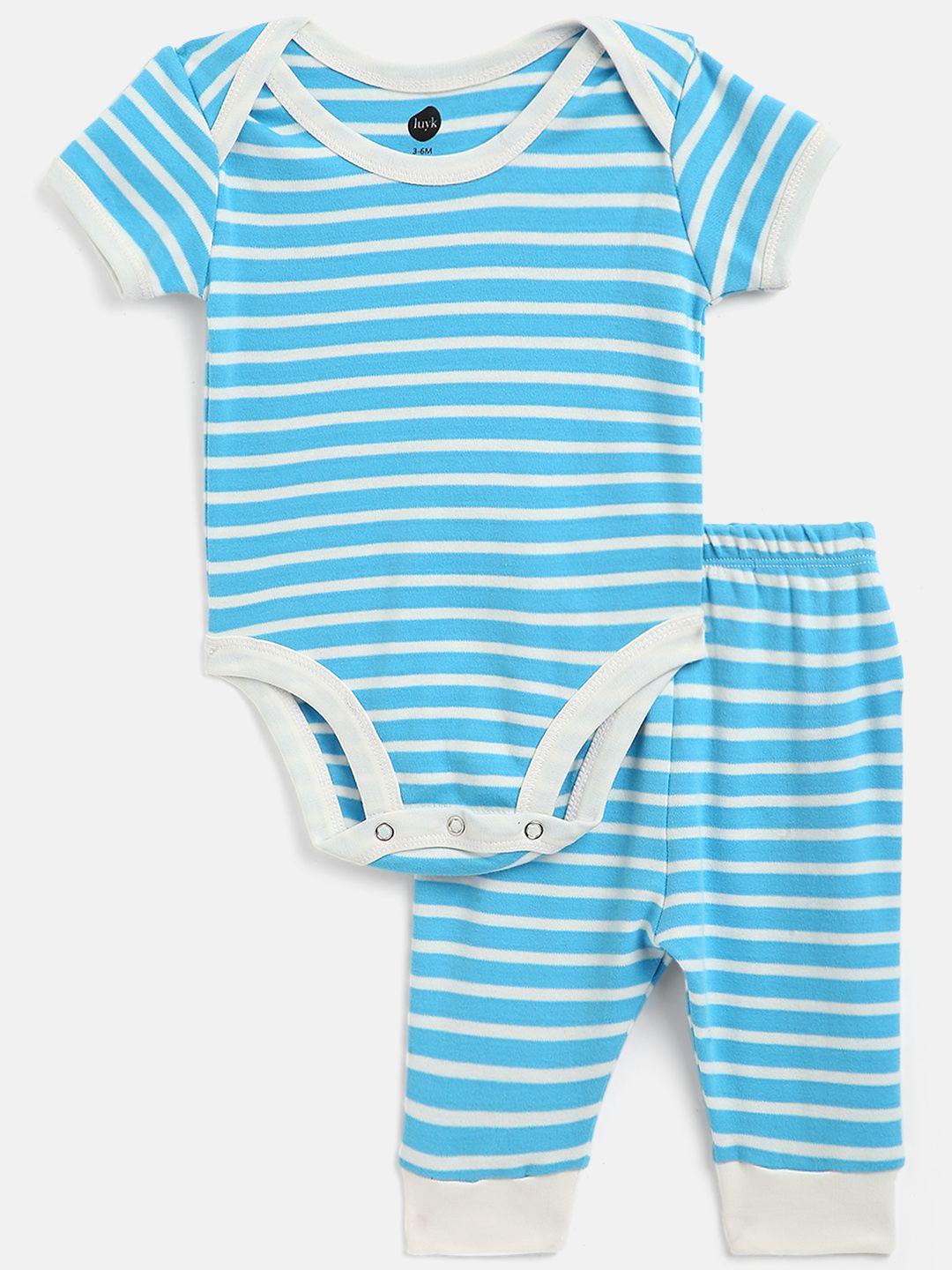 luyk unisex kids white & blue striped pure cotton bodysuit with joggers