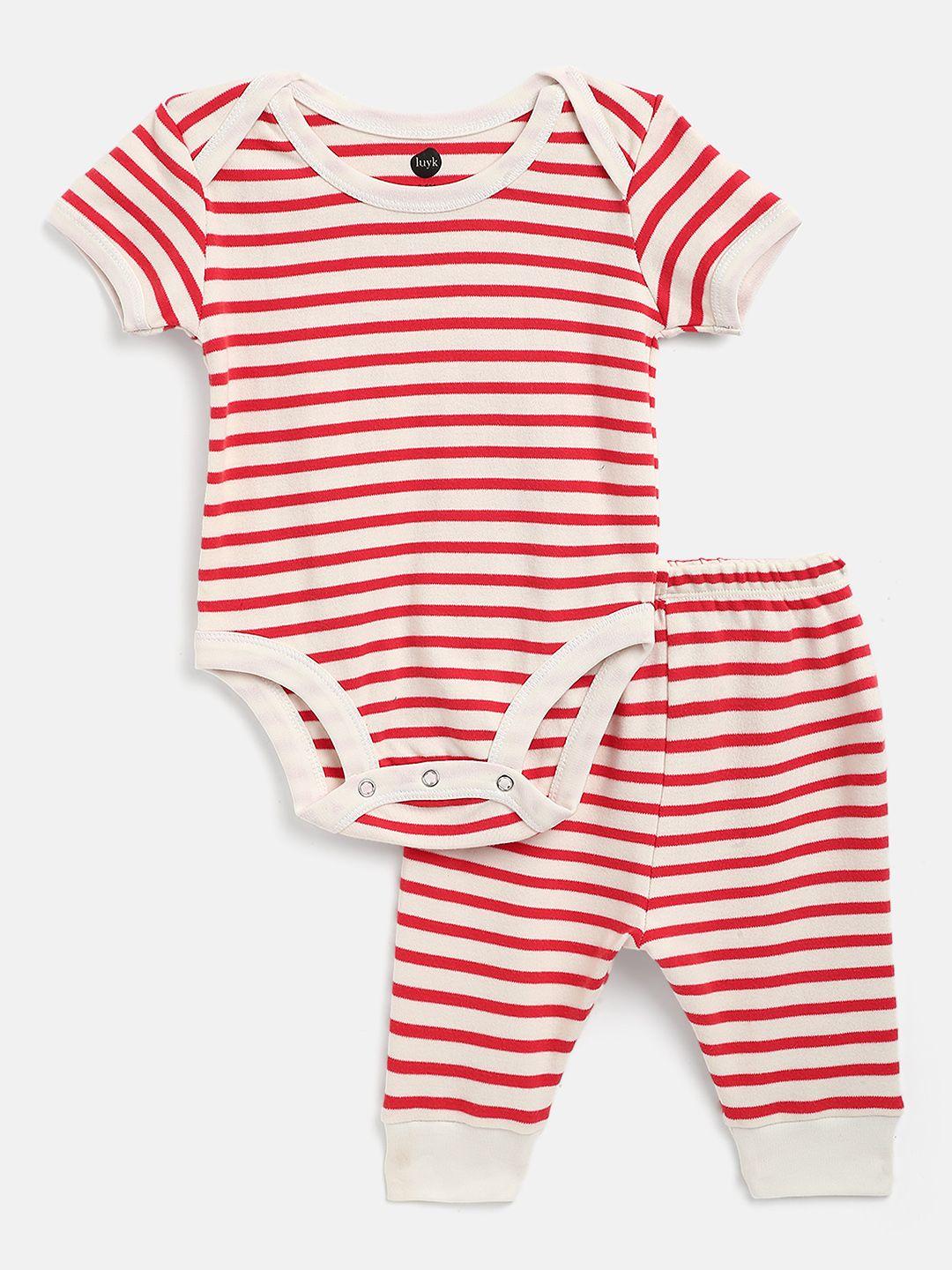 luyk unisex kids white & red striped pure cotton bodysuit with joggers