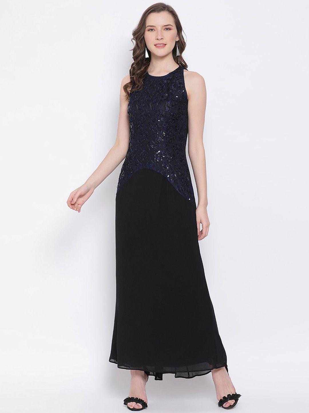 ly2 women black & navy blue sequinned lace maxi dress