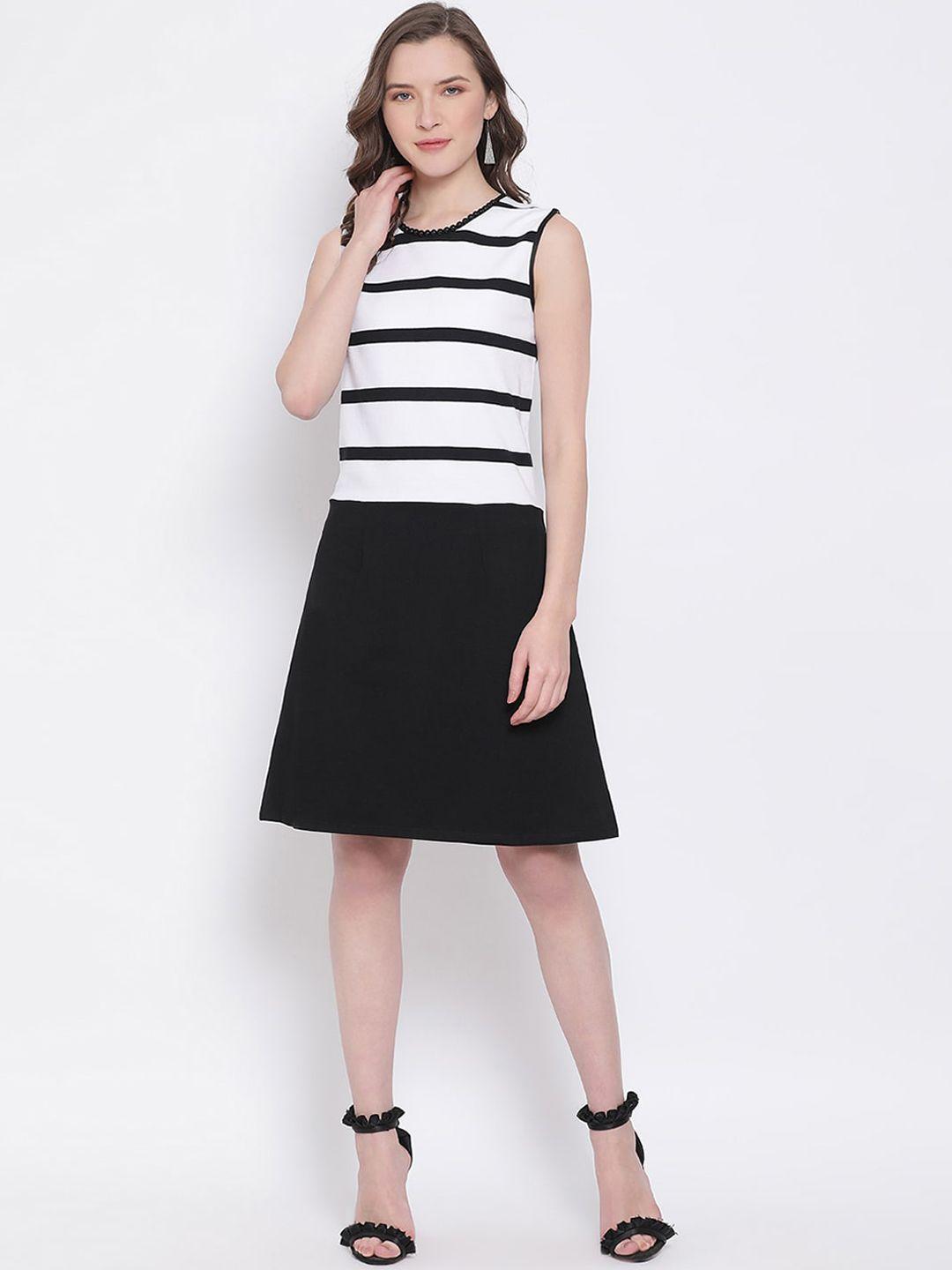 ly2 women black & white pure cotton striped a-line dress