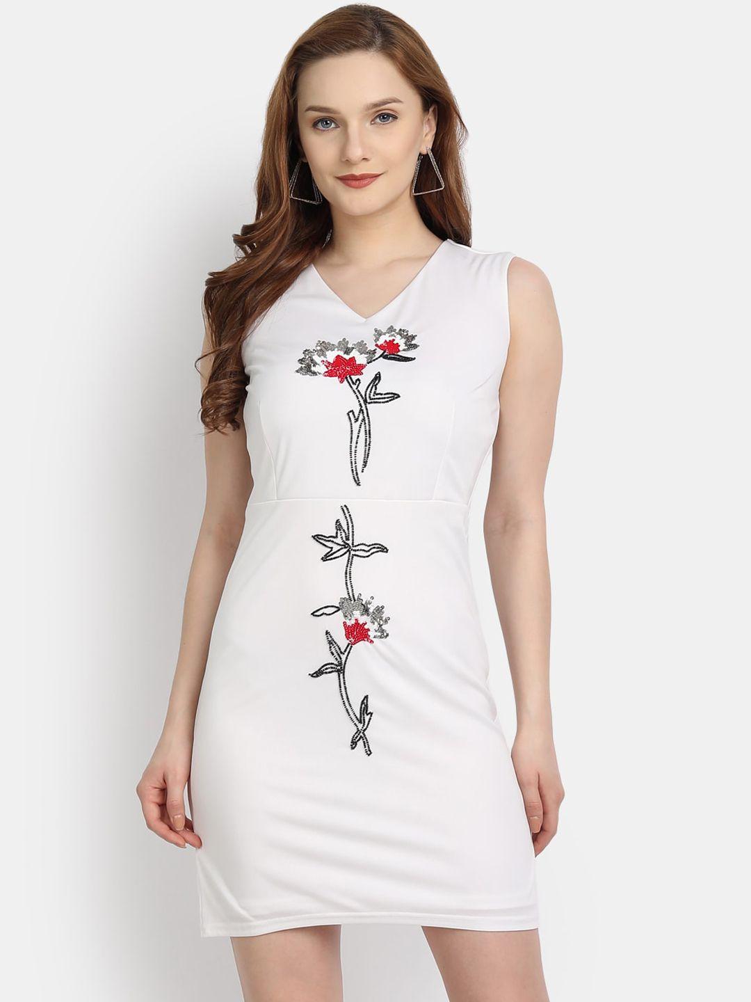 ly2 women white & red floral embroidered scuba bodycon dress