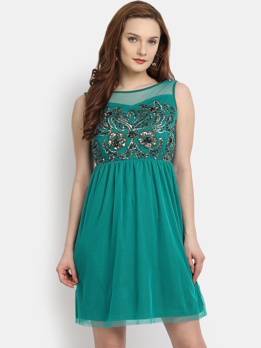 ly2  women teal floral embellished net dress