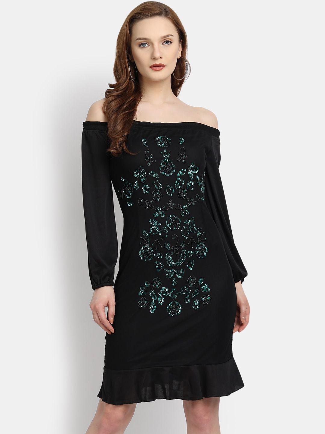 ly2 black embellished off-shoulder scuba sheath dress