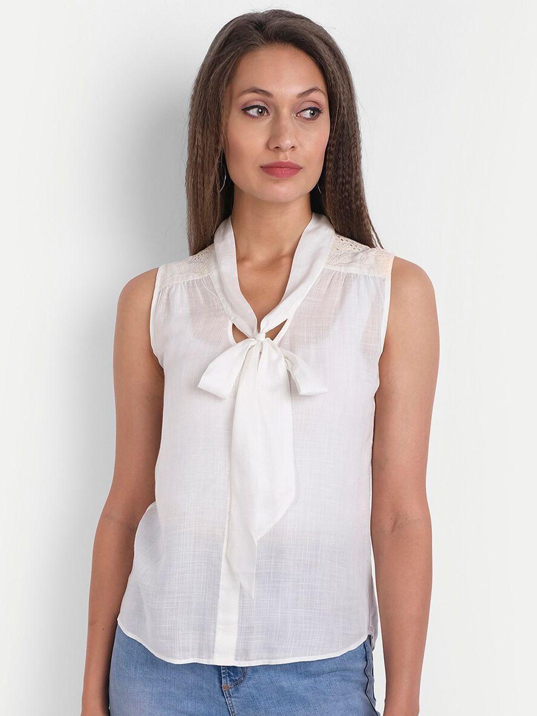 ly2 cream-coloured solid tie-up neck shirt style top