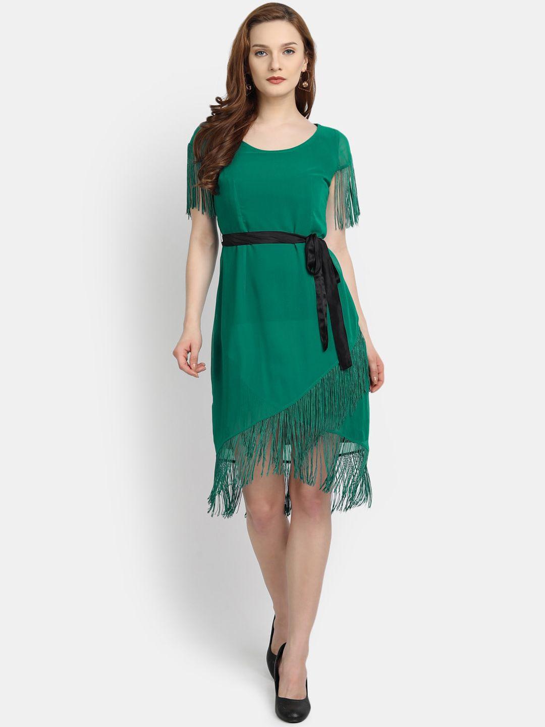 ly2 green fringed georgette a-line dress