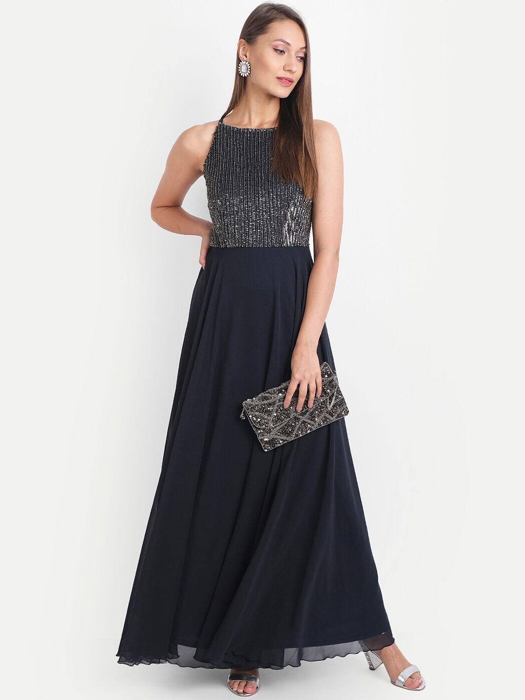 ly2 navy blue embellished halter neck georgette maxi dress