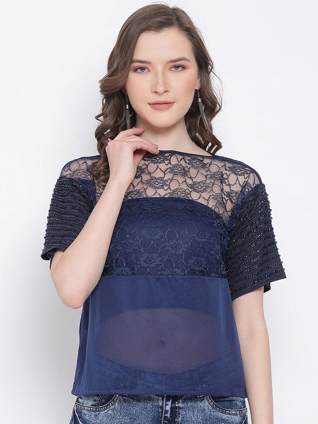 ly2 women blue self design lace regular top