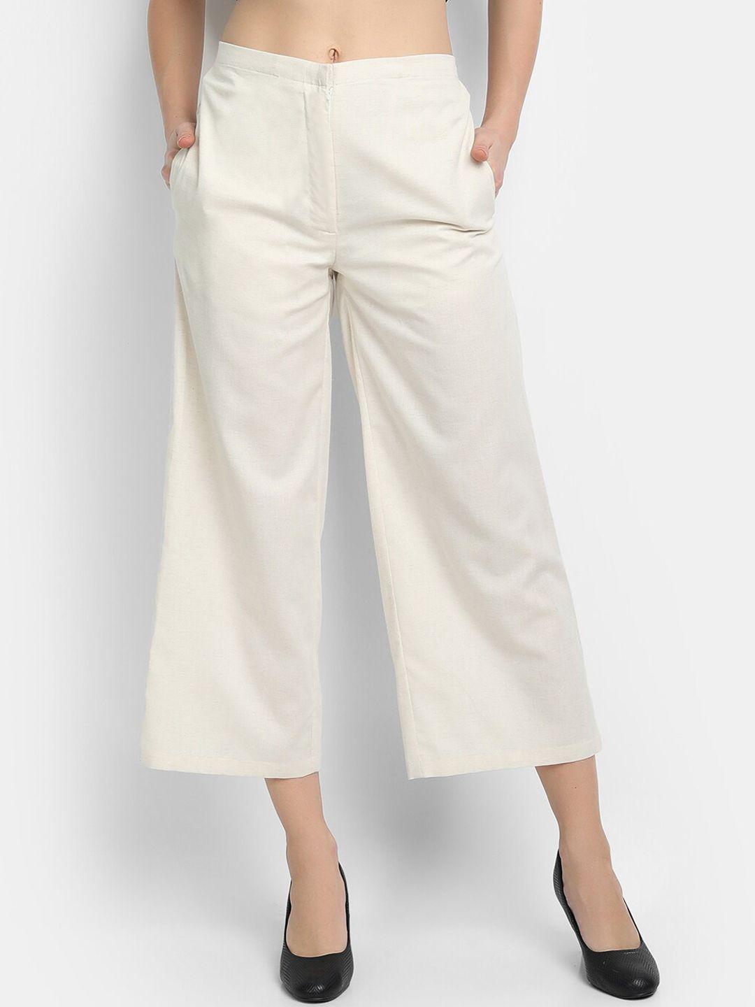 ly2 women cream-colored  solid regular fit wide leg trousers