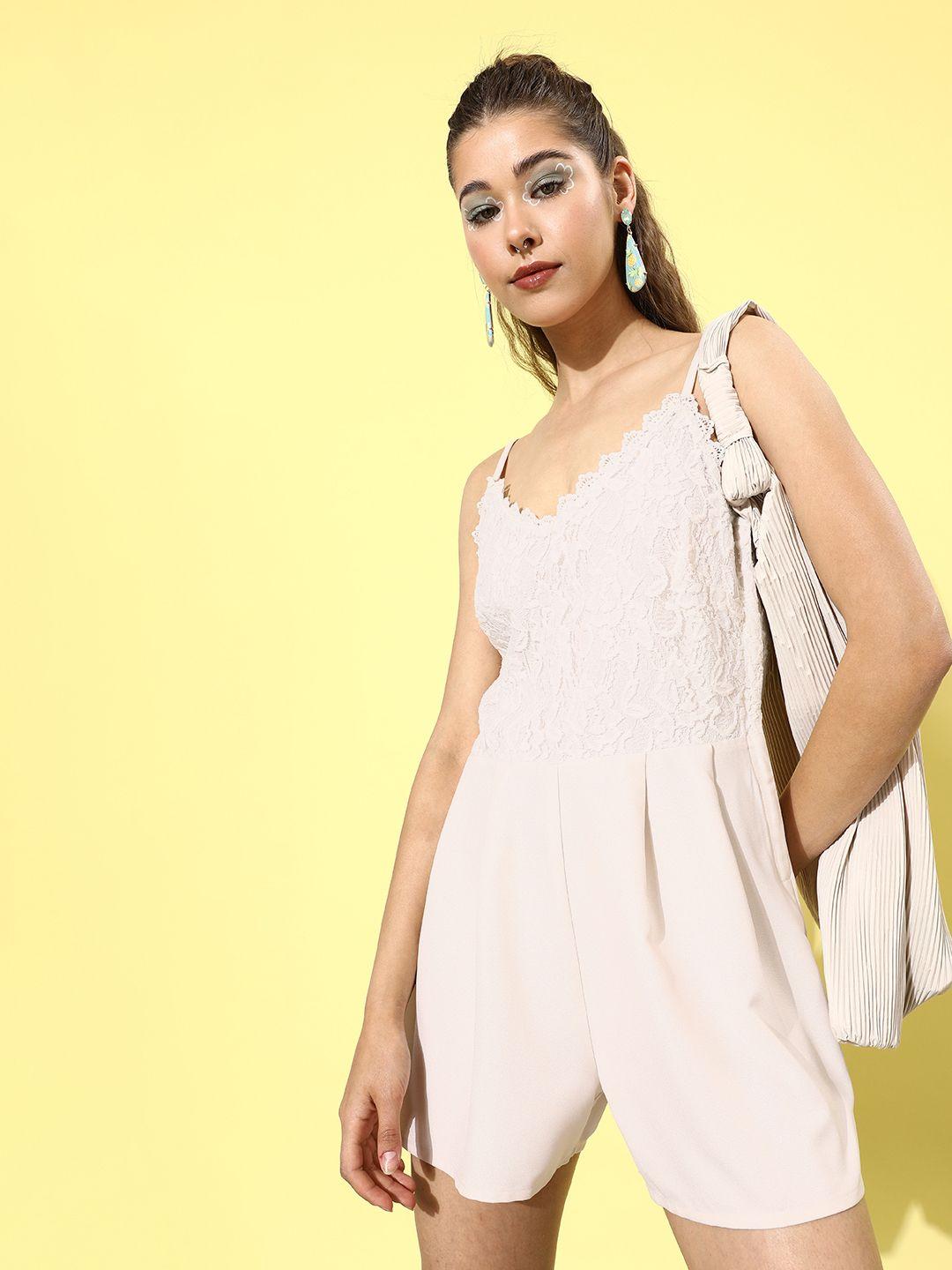 ly2 women cream-coloured solid jumpsuit with lace inserts