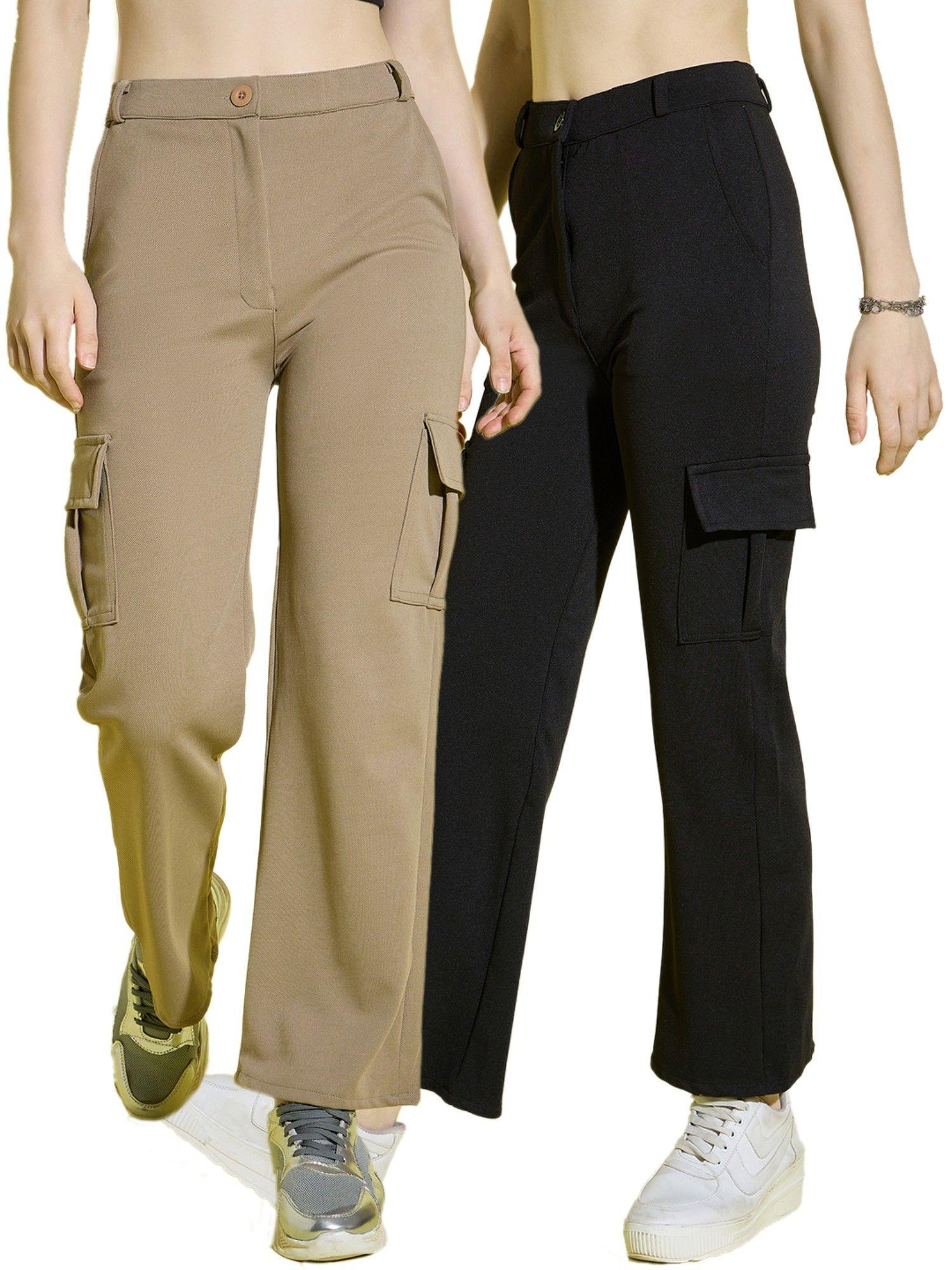 lycra blend straight fit full length solid cargo pants (pack of 2)