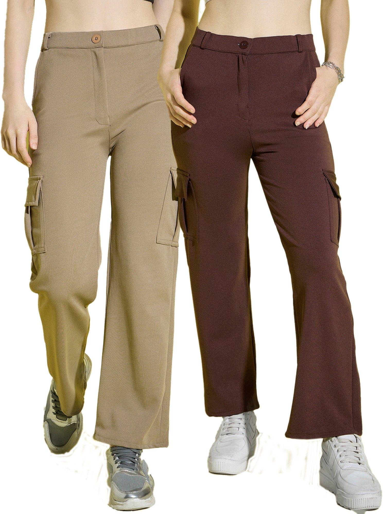 lycra blend straight fit full length solid cargo pants (pack of 2)