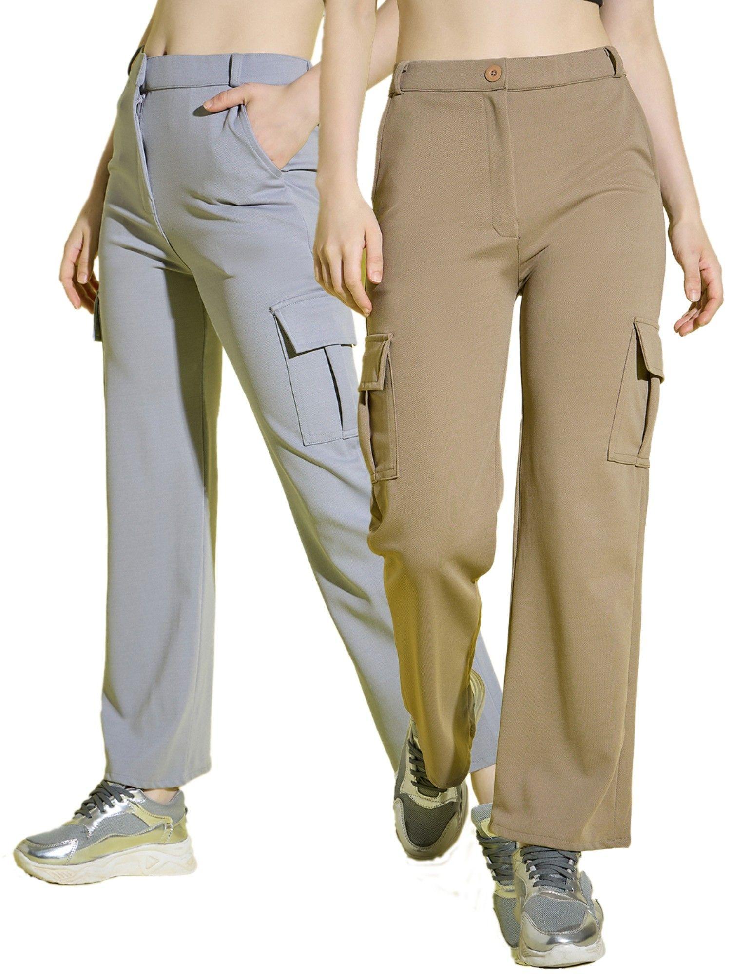 lycra blend straight fit full length solid cargo pants (pack of 2)