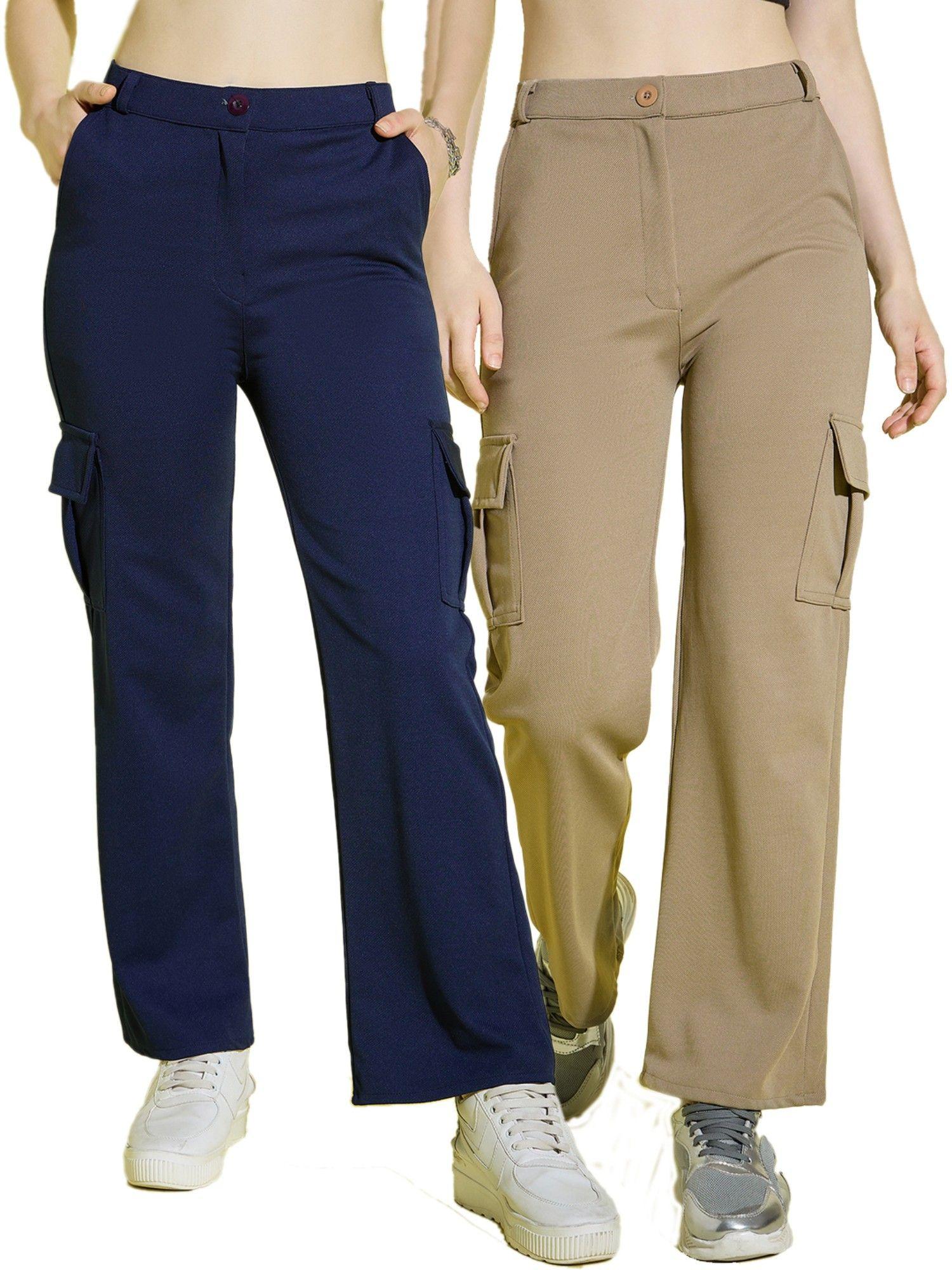 lycra blend straight fit full length solid cargo pants (pack of 2)