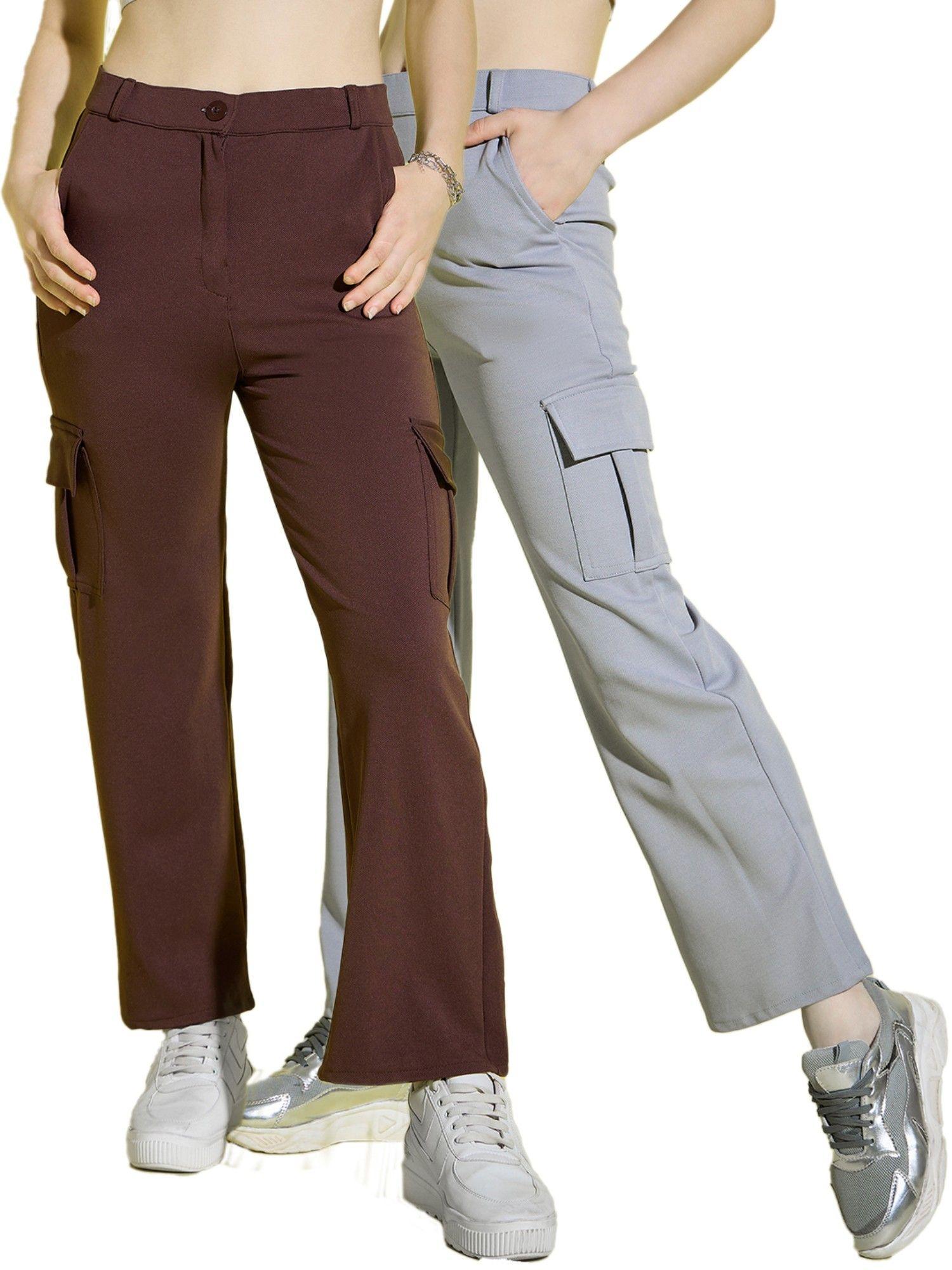 lycra blend straight fit full length solid cargo pants (pack of 2)