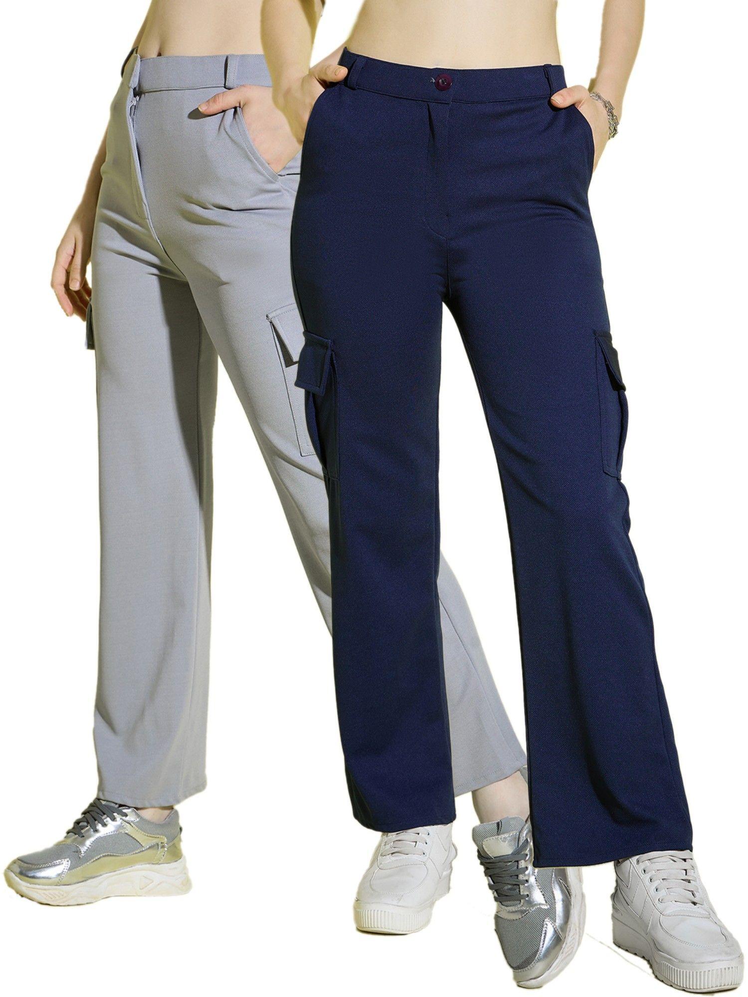 lycra blend straight fit full length solid cargo pants (pack of 2)