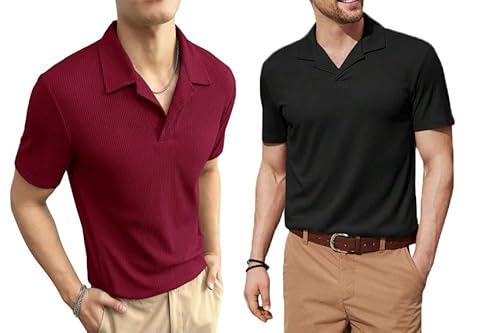 lymio men t-shirt combo || t-shirt for men || plain t shirt || t-shirt (rib) (l, black-maroon)