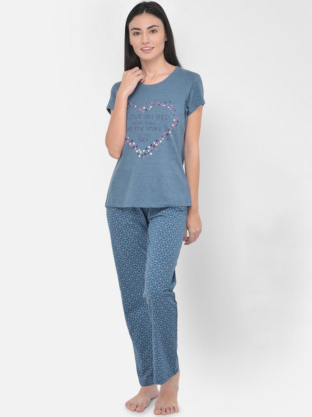 lyra women blue printed pure cotton night suit
