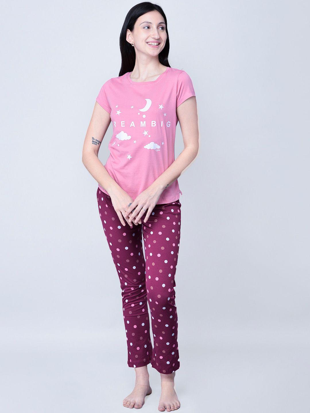 lyra women pink & purple printed cotton night suit