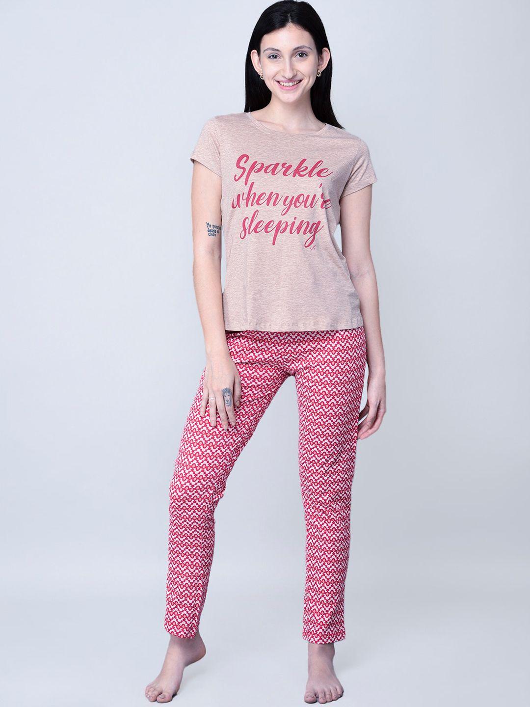 lyra women pink & white printed pure cotton night suit