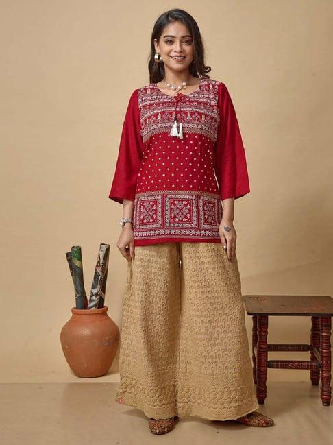 lyra red & beige printed short kurti palazzo set