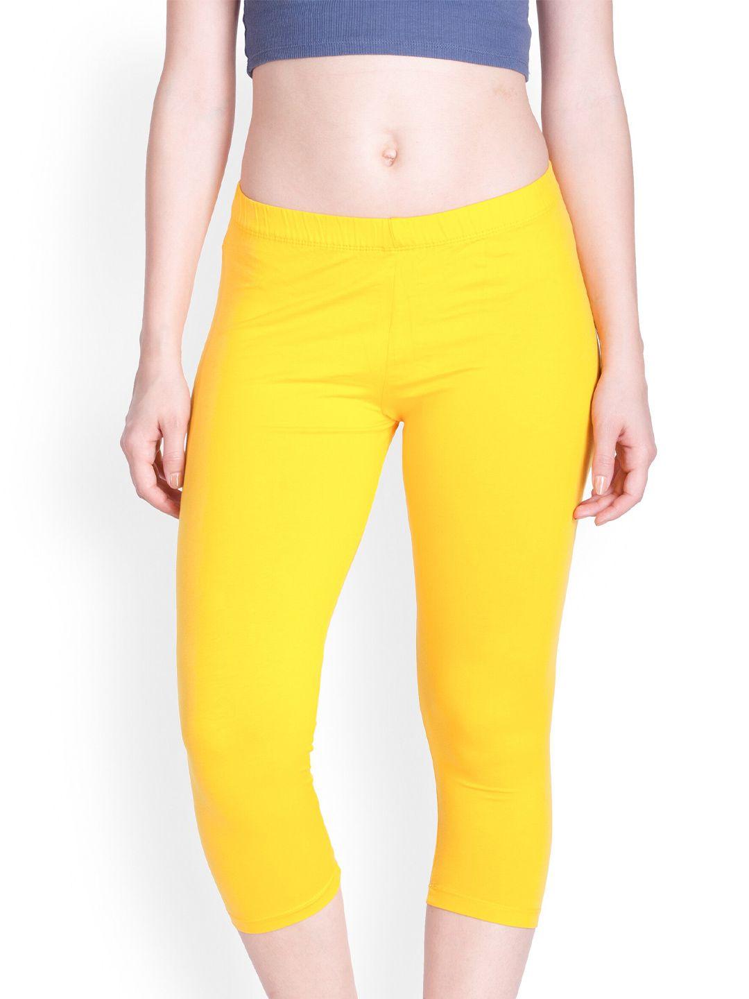 lyra women yellow solid cotton regular fit capris