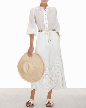 lyre ramie embroidered trim blouse