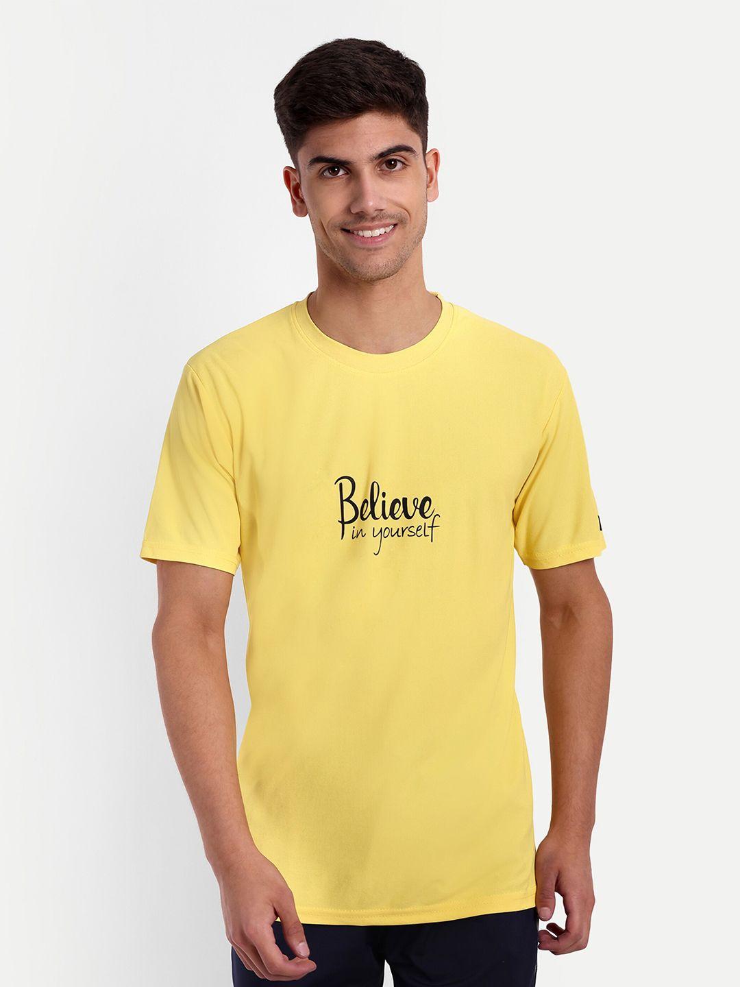 lyriss men yellow typography printed v-neck dri-fit applique t-shirt