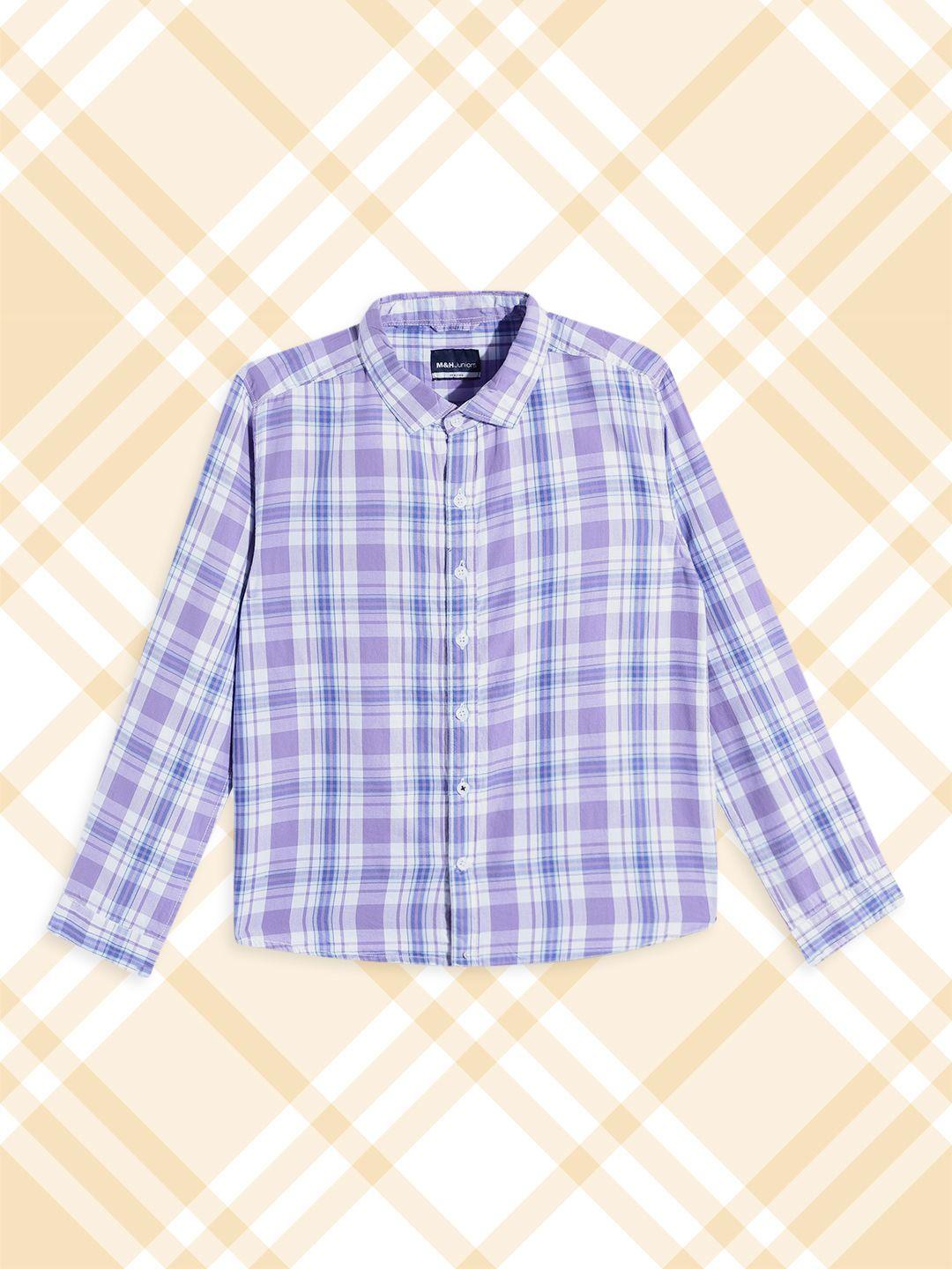 m&h juniors boys lavender & white tartan checked pure cotton casual shirt