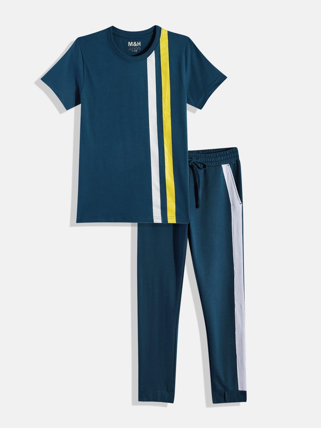 m&h juniors boys navy blue placement stripes t-shirt with side striped joggers