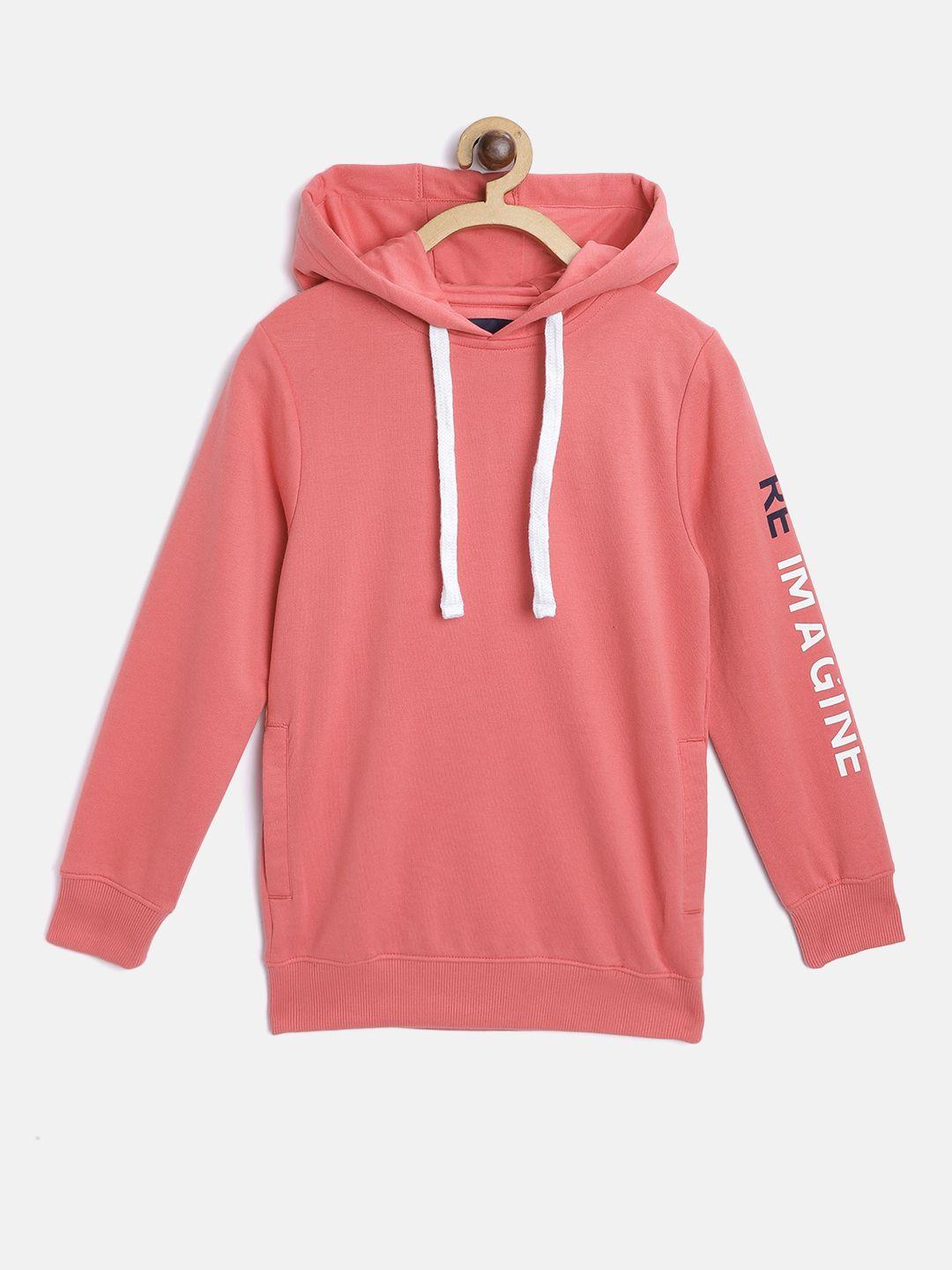 m&h juniors boys pink solid hooded sweatshirt with typography print detail