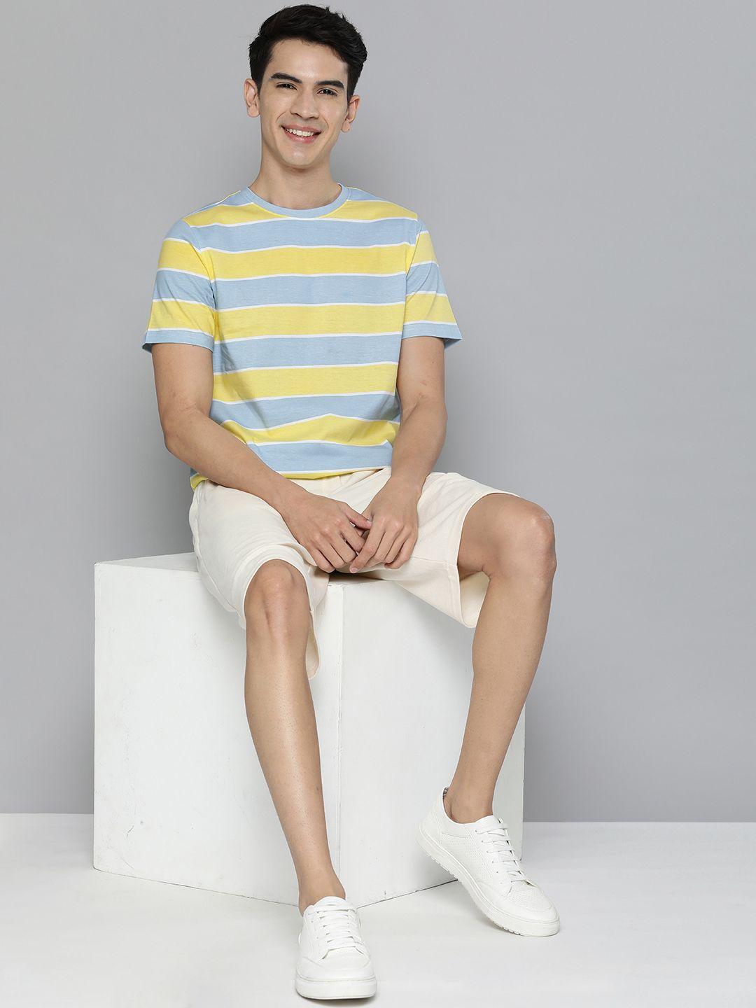 m&h easy men blue & yellow striped pure cotton t-shirt