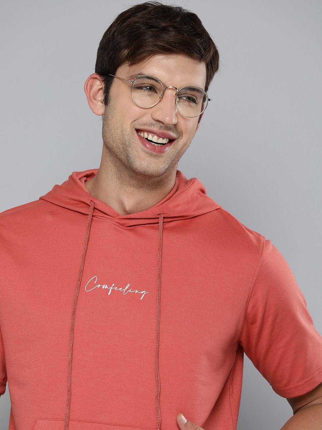 m&h easy men coral red applique hooded pullover sweatshirt