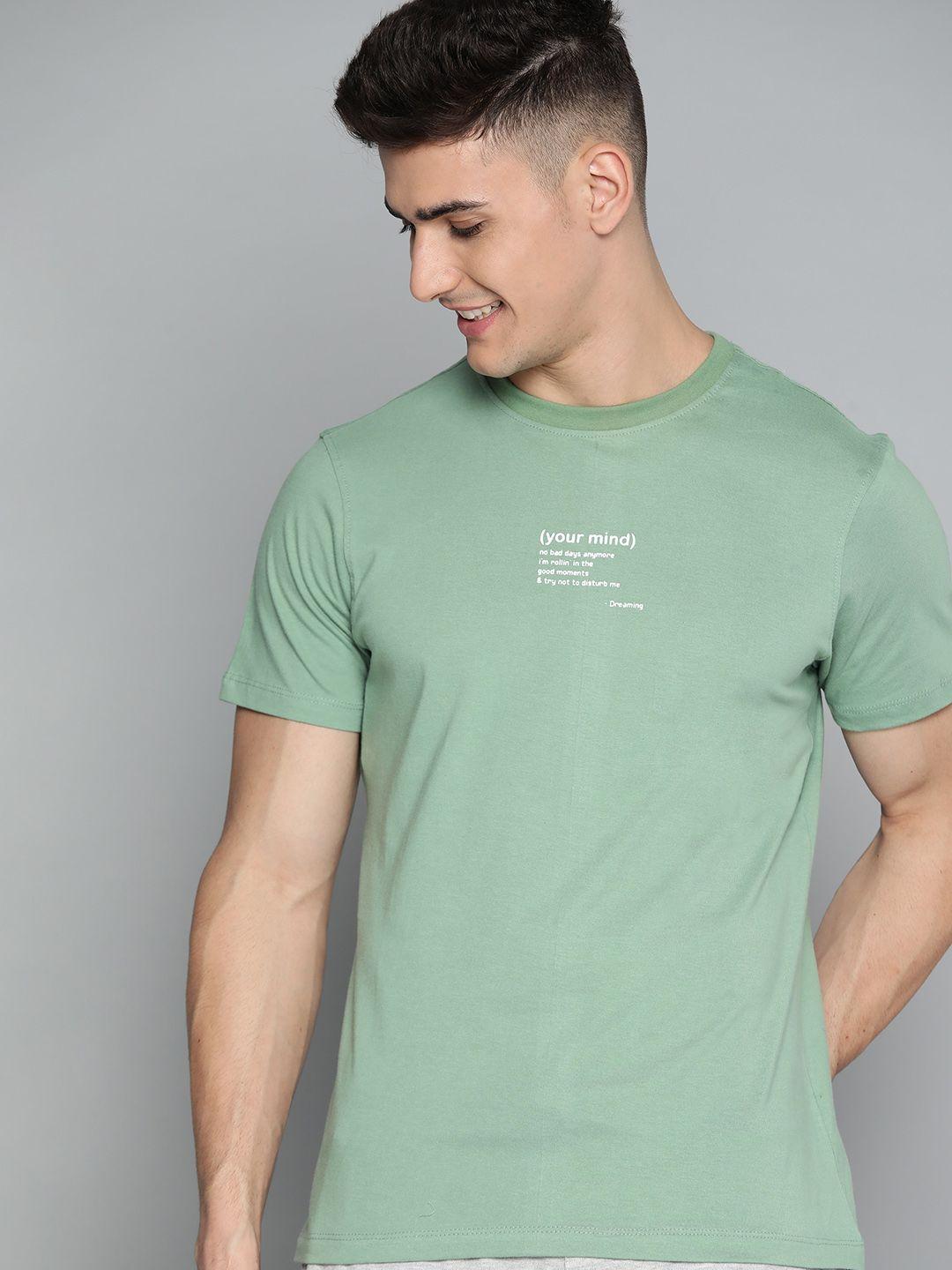 m&h easy men green solid cotton t-shirt with printed detail