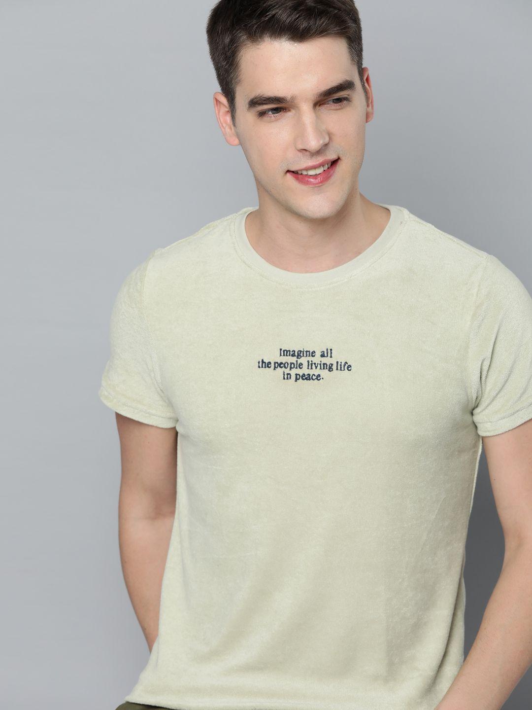 m&h easy men green typography embroidered casual t-shirt