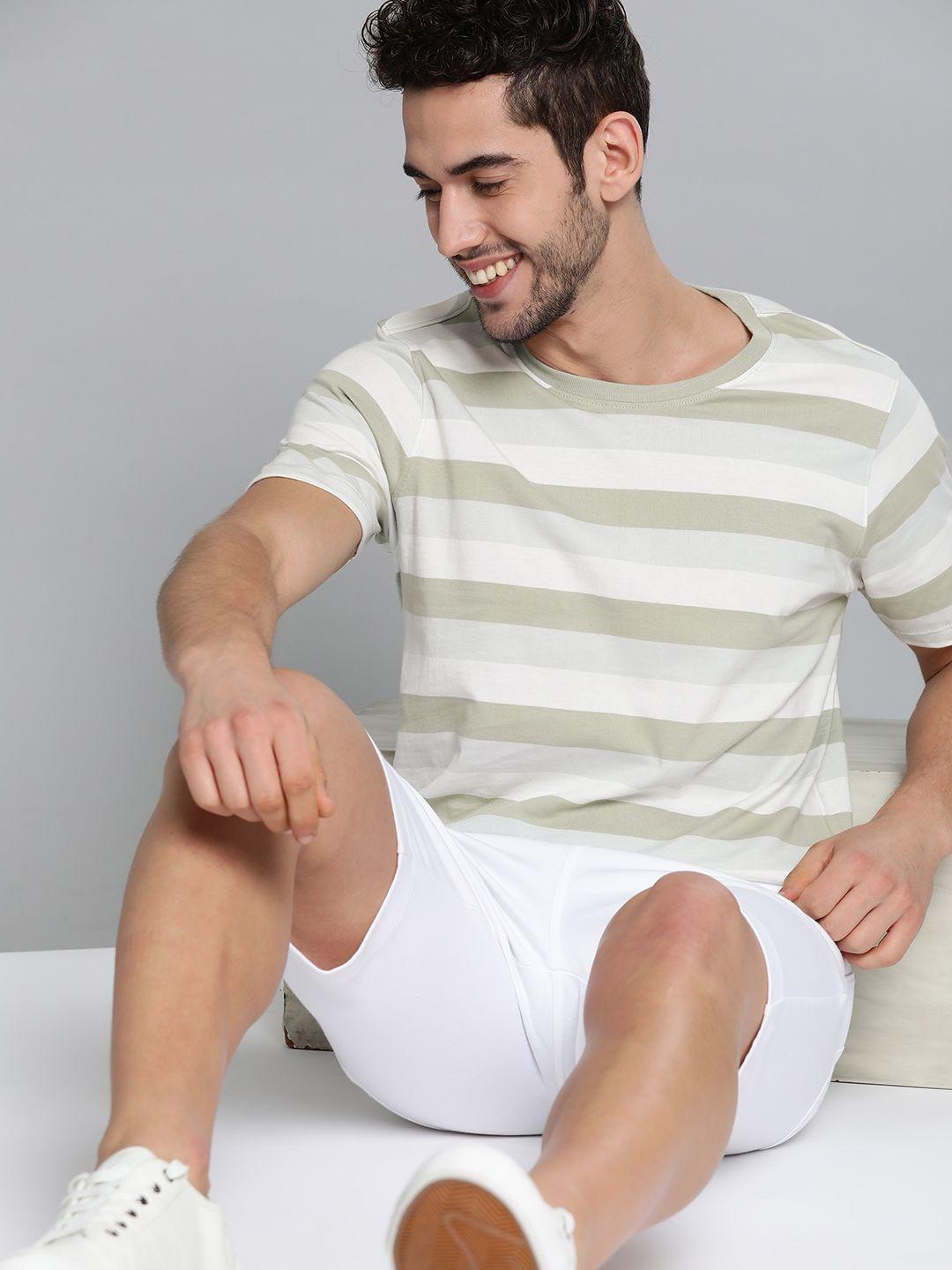 m&h easy men off-white & green striped pure cotton round neck t-shirt