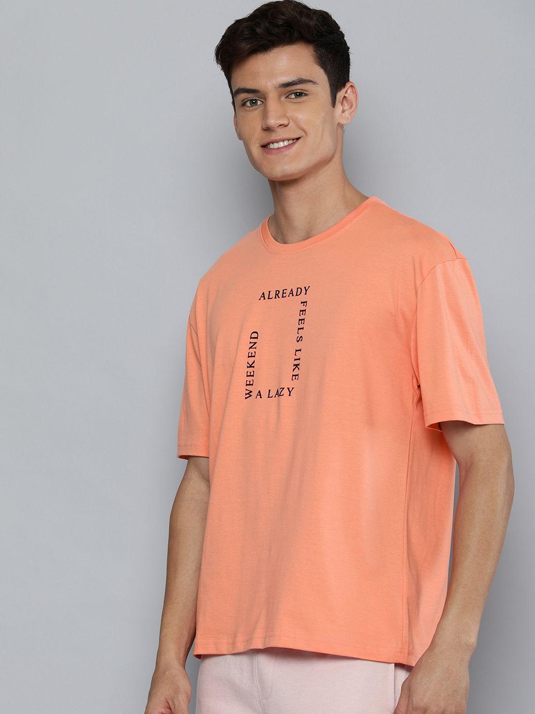 m&h easy men peach-coloured & black typography printed pure cotton t-shirt
