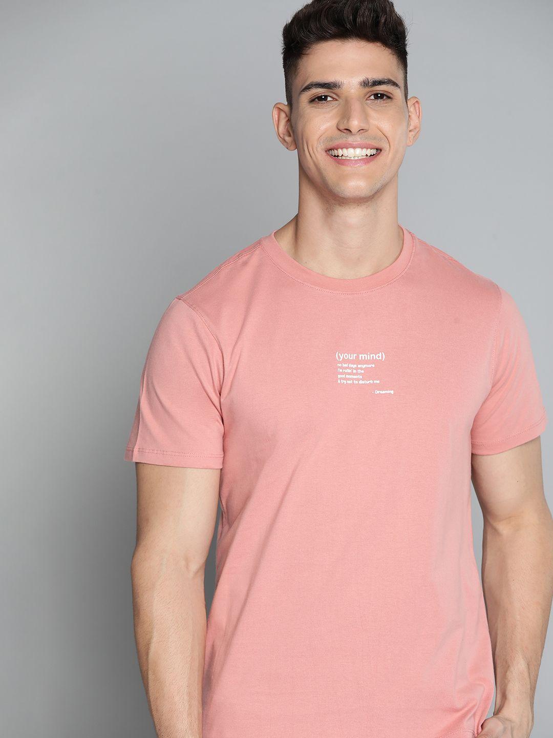 m&h easy men peach-coloured solid cotton t-shirt with printed detail