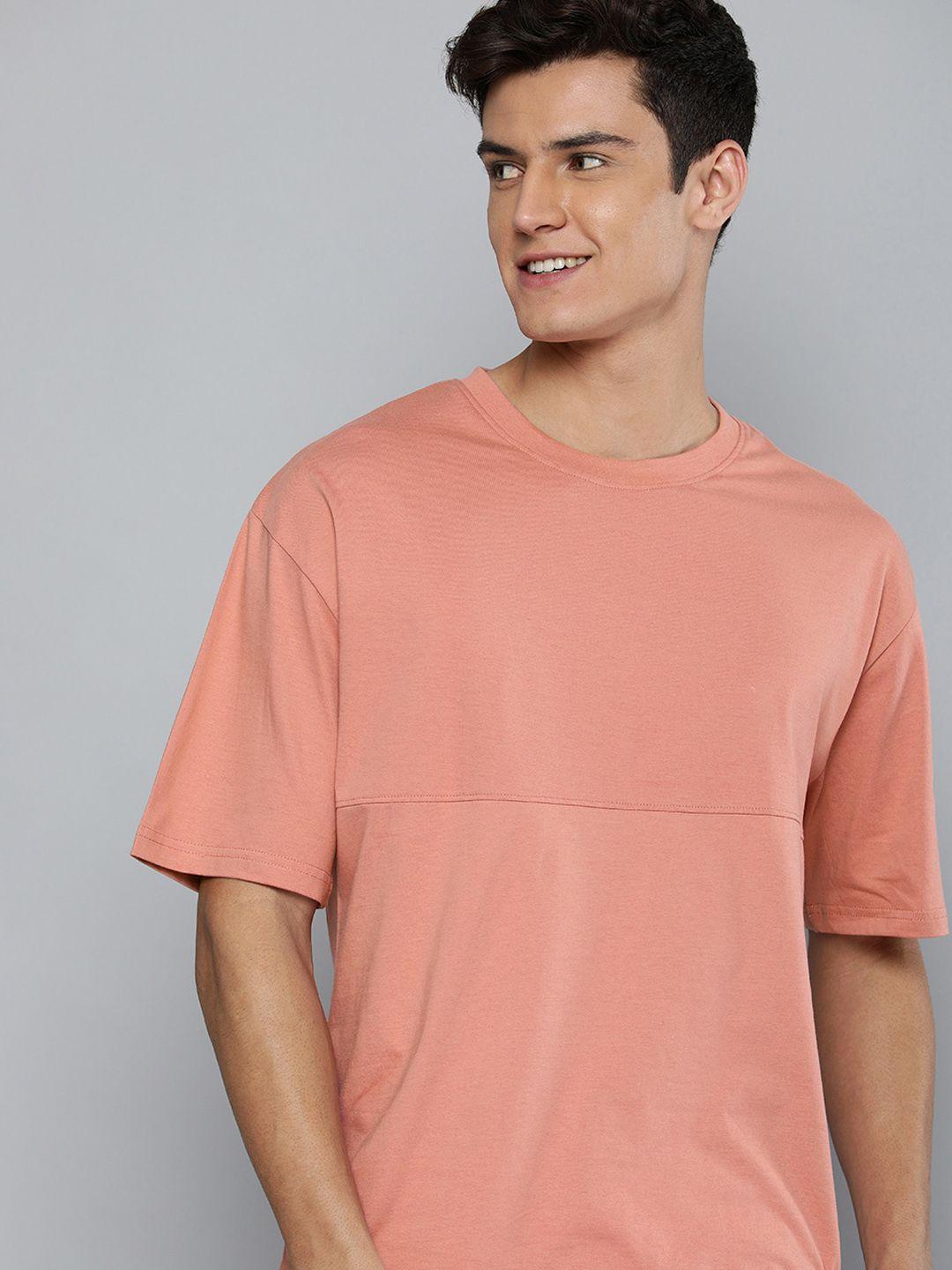 m&h easy men pink solid drop-shoulder sleeves pure cotton t-shirt