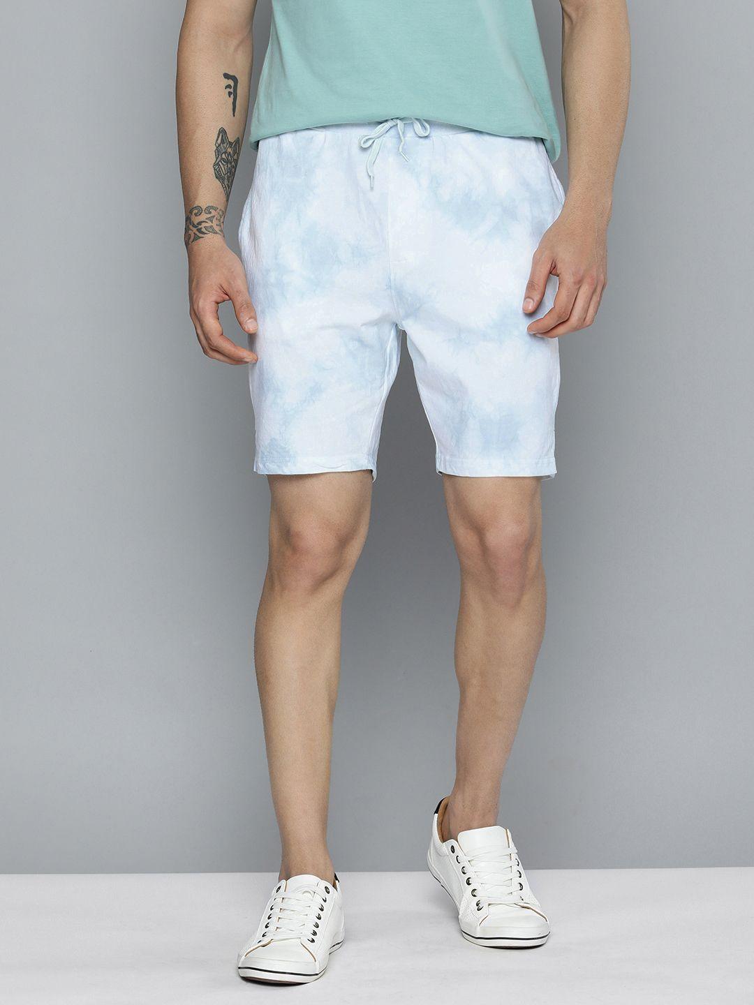 m&h easy men white and blue tie and dye printed pure cotton regular shorts
