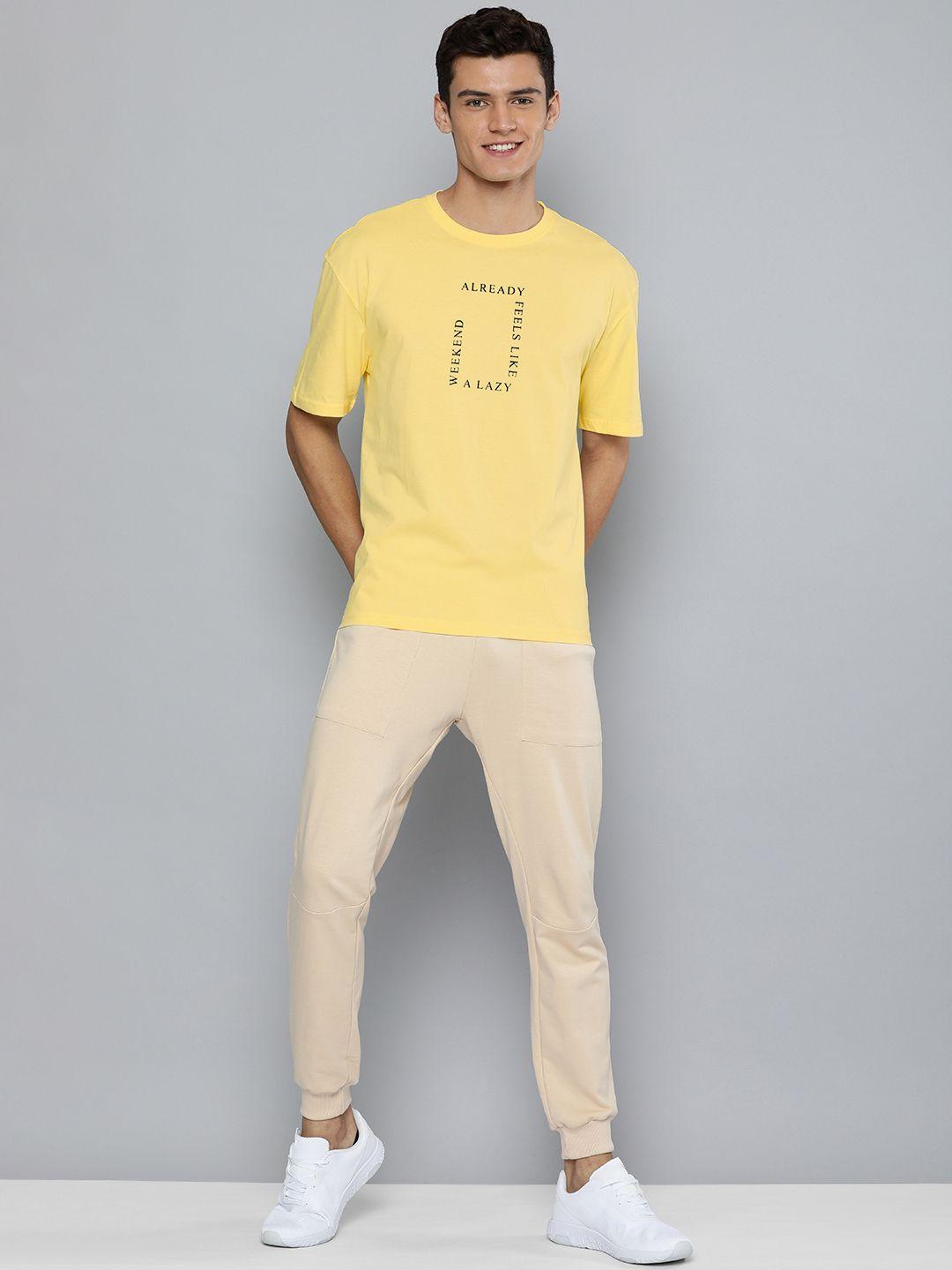 m&h easy men yellow & black typography printed pure cotton t-shirt